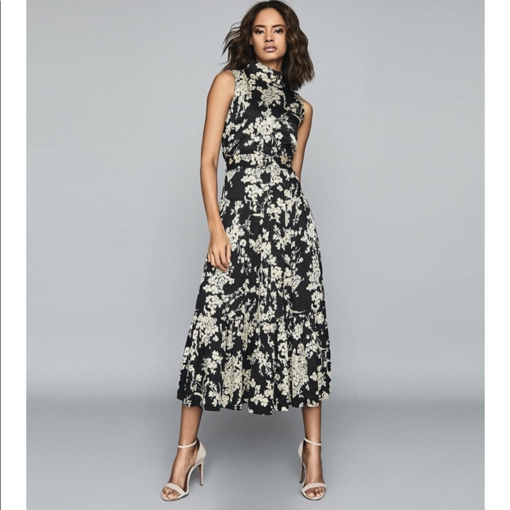 Reiss Black and Cream Floral Midi Dress